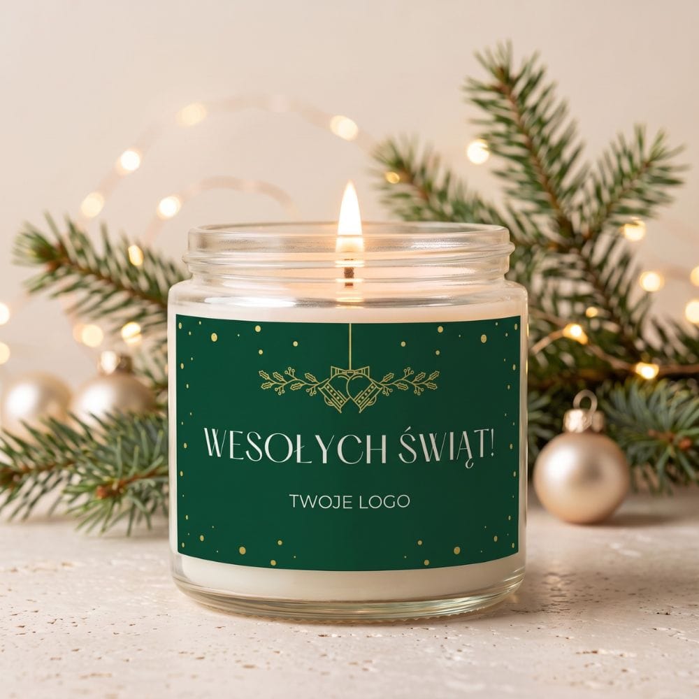 Świąteczna świeca zapachowa 120 ml w szklanym słoiczku z etykietą „Wesołych Świąt”