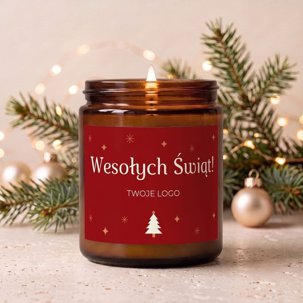 Świąteczna świeca zapachowa 180 ml w szklanym słoiczku z etykietą „Wesołych Świąt”