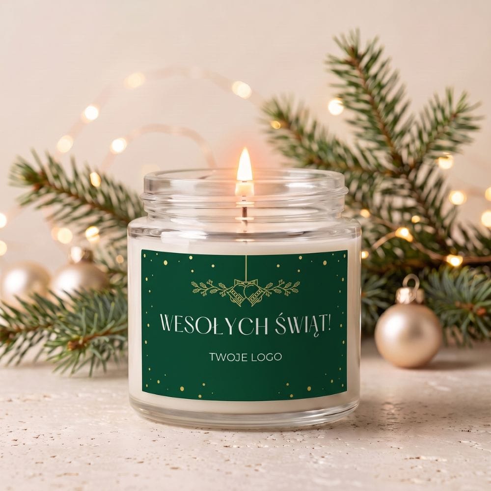 Świąteczna świeca zapachowa 60 ml w szklanym słoiczku z etykietą „Wesołych Świąt”