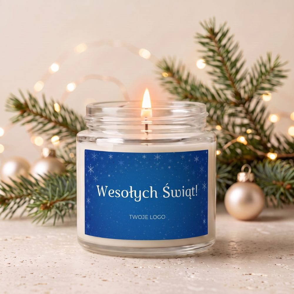 Świąteczna świeca zapachowa 60 ml w szklanym słoiczku z etykietą „Wesołych Świąt”