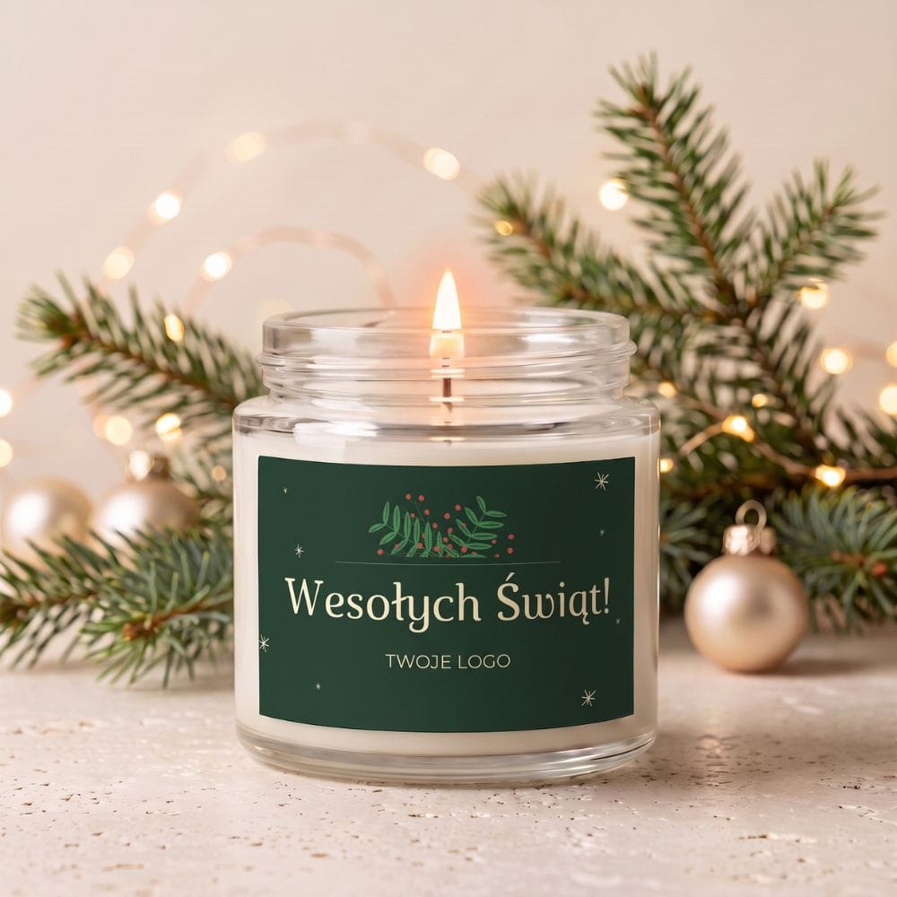 Świąteczna świeca zapachowa 60 ml w szklanym słoiczku z etykietą „Wesołych Świąt”