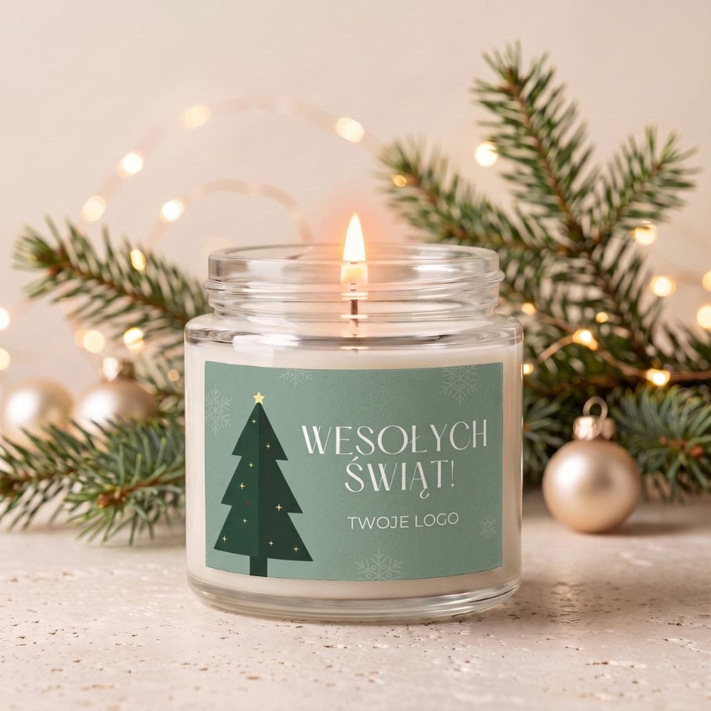 Świąteczna świeca zapachowa 60 ml w szklanym słoiczku z etykietą „Wesołych Świąt”