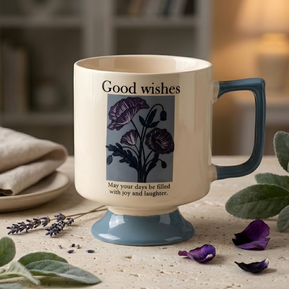 Kubek Good Wishes 300 ml niebieski z napisem i stópką