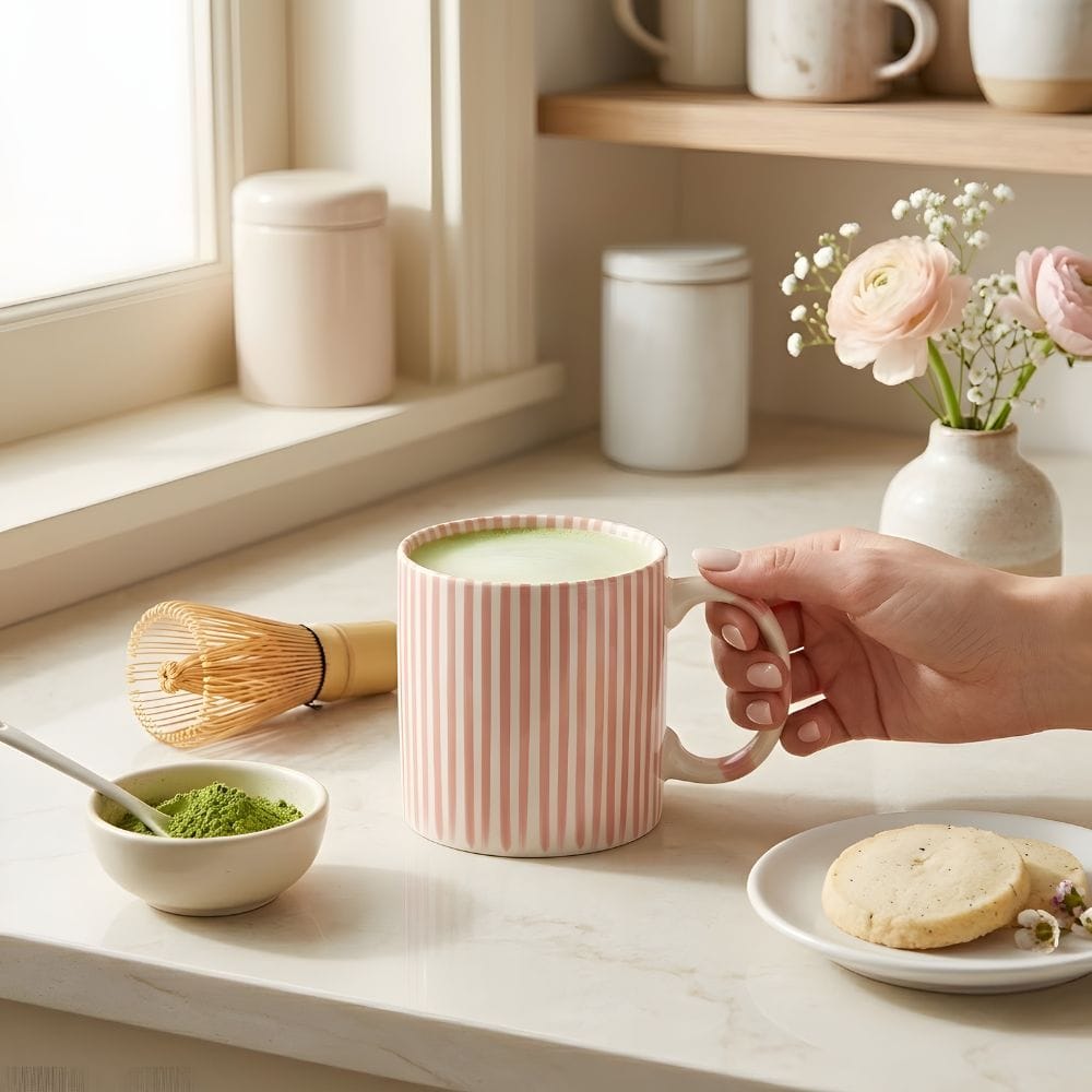 Kubek w różowe paski 380 ml z porcelany z dekoracyjnym uchem