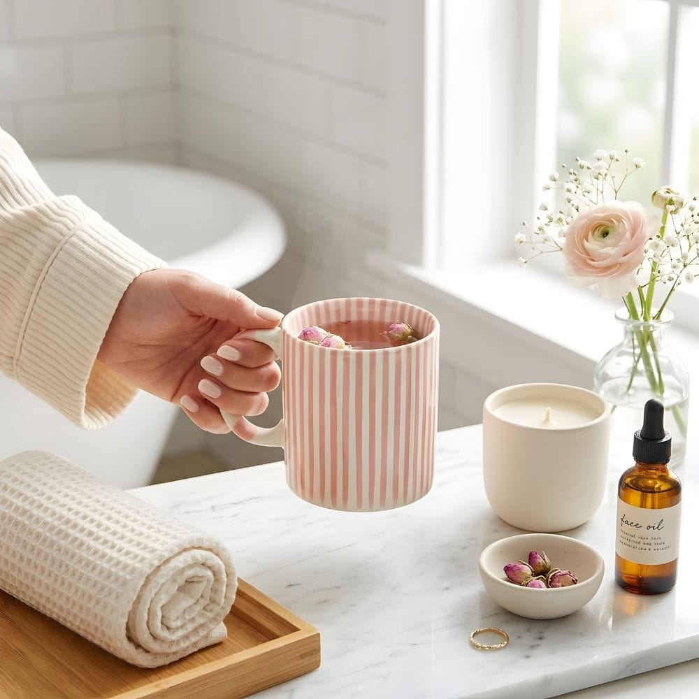 Kubek w różowe paski 380 ml z porcelany z dekoracyjnym uchem