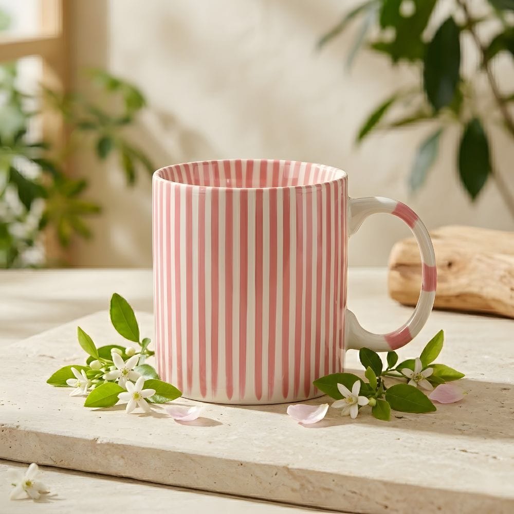 Kubek w różowe paski 380 ml z porcelany z dekoracyjnym uchem