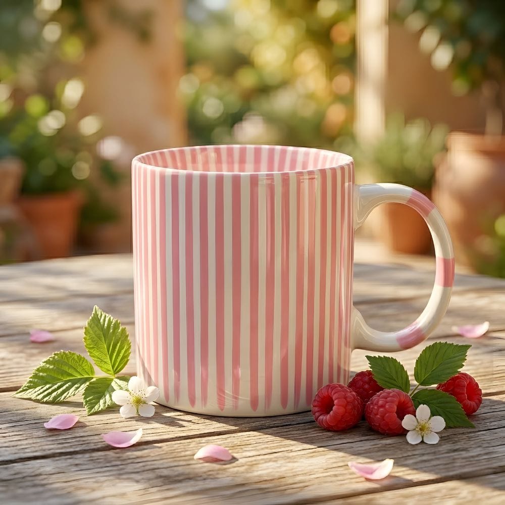 Kubek w różowe paski 380 ml z porcelany z dekoracyjnym uchem