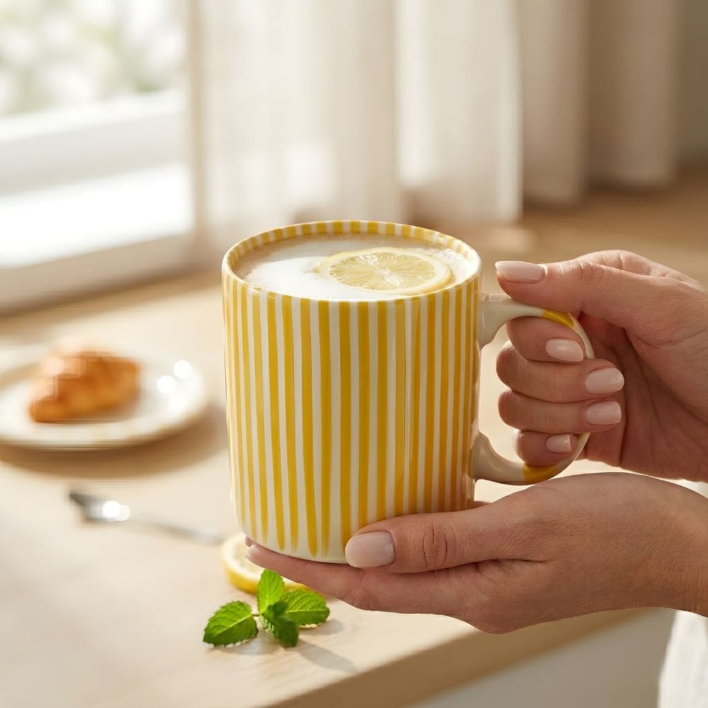 Kubek w żółte paski 380 ml z porcelany z dekoracyjnym uchem