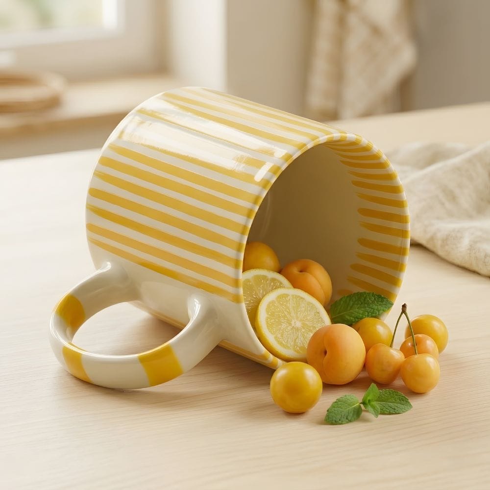 Kubek w żółte paski 380 ml z porcelany z dekoracyjnym uchem