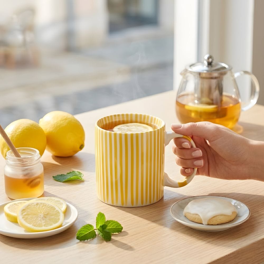 Kubek w żółte paski 380 ml z porcelany z dekoracyjnym uchem