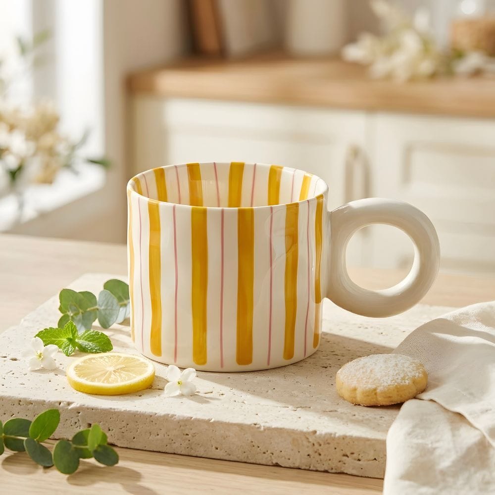 Kubek Kolorowe Paski 380 ml żółto-różowy z porcelany