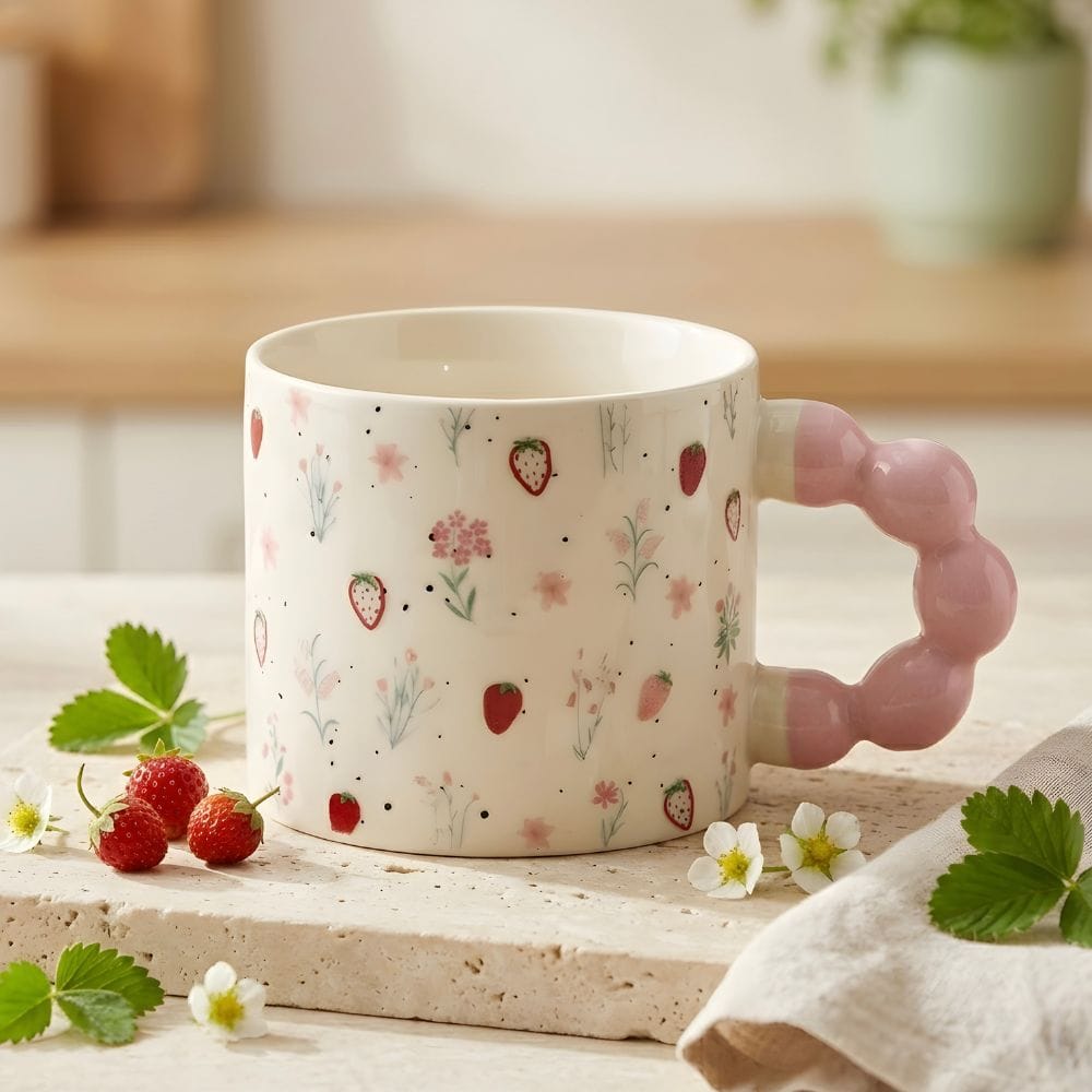 Kubek Letnie Truskawki 350 ml z różowym uchem